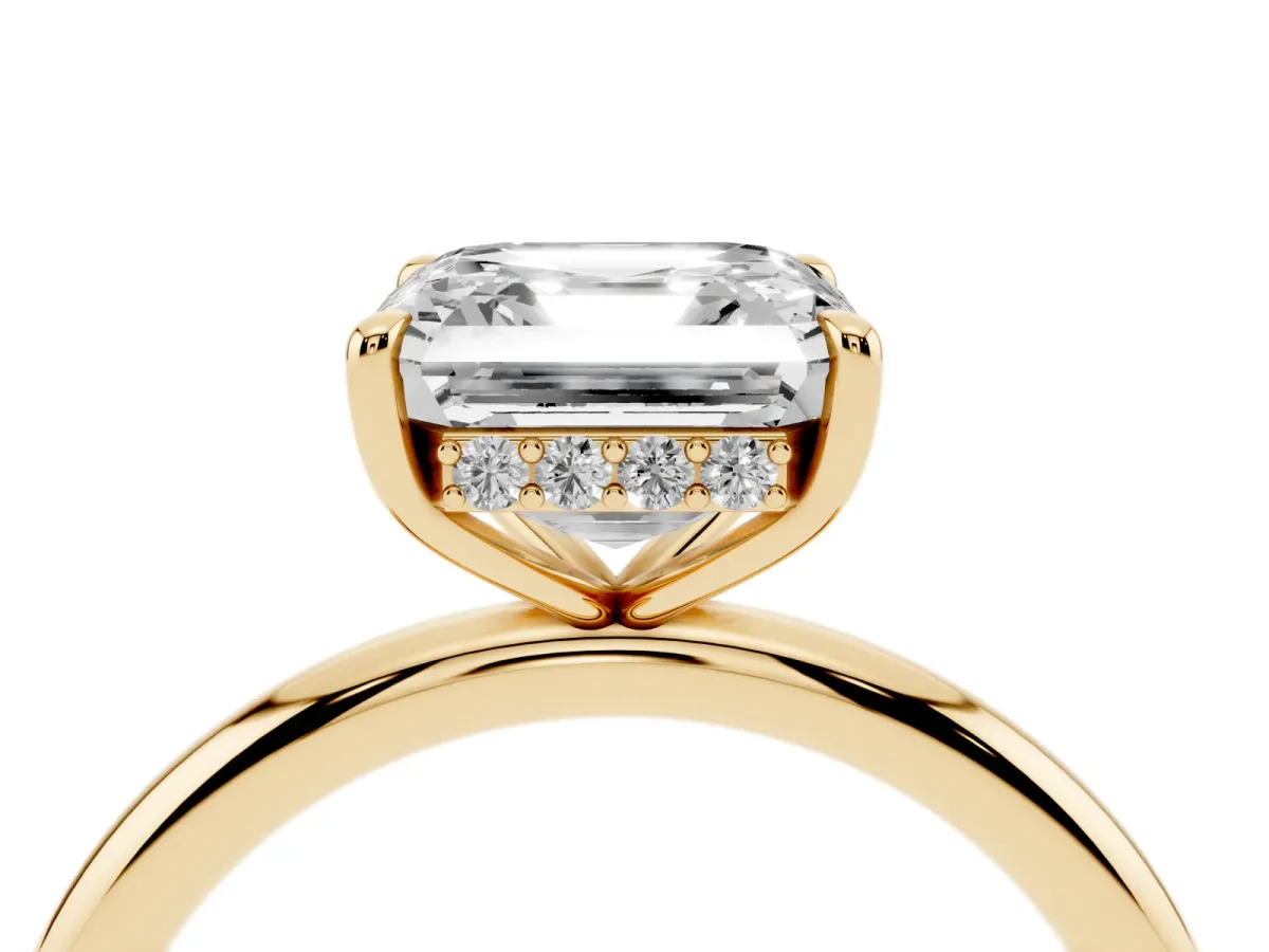 Asscher Cut Diamond Solitaire Ring with Thin Band and Four-Prong Setting Yellow gold