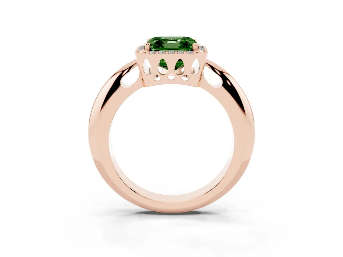 Fancy Green Asscher Cut Cut Diamond Halo Engagement Ring with Split Shank and Four-Prong Setting Rose gold