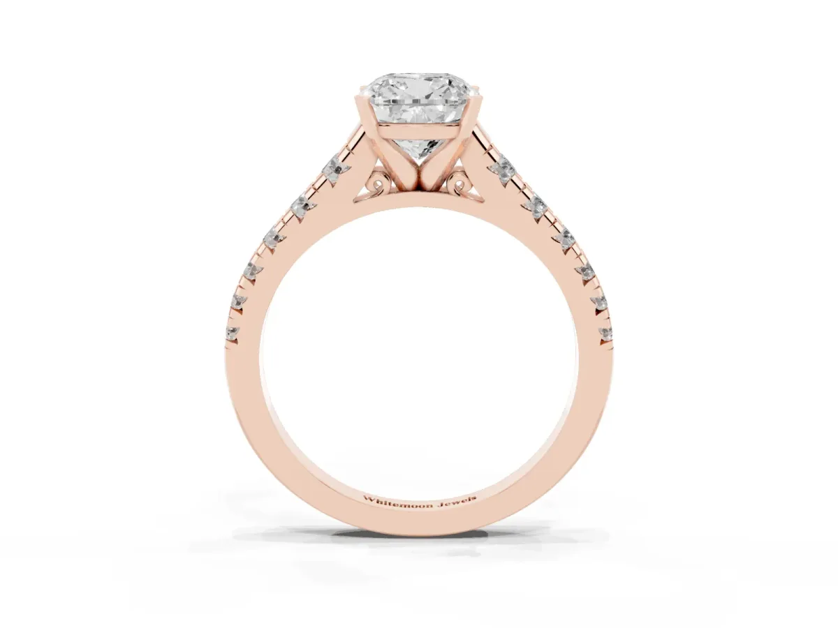 Cushion Cut Diamond Cathedral Solitaire Ring with Round Pavé Band Rose gold