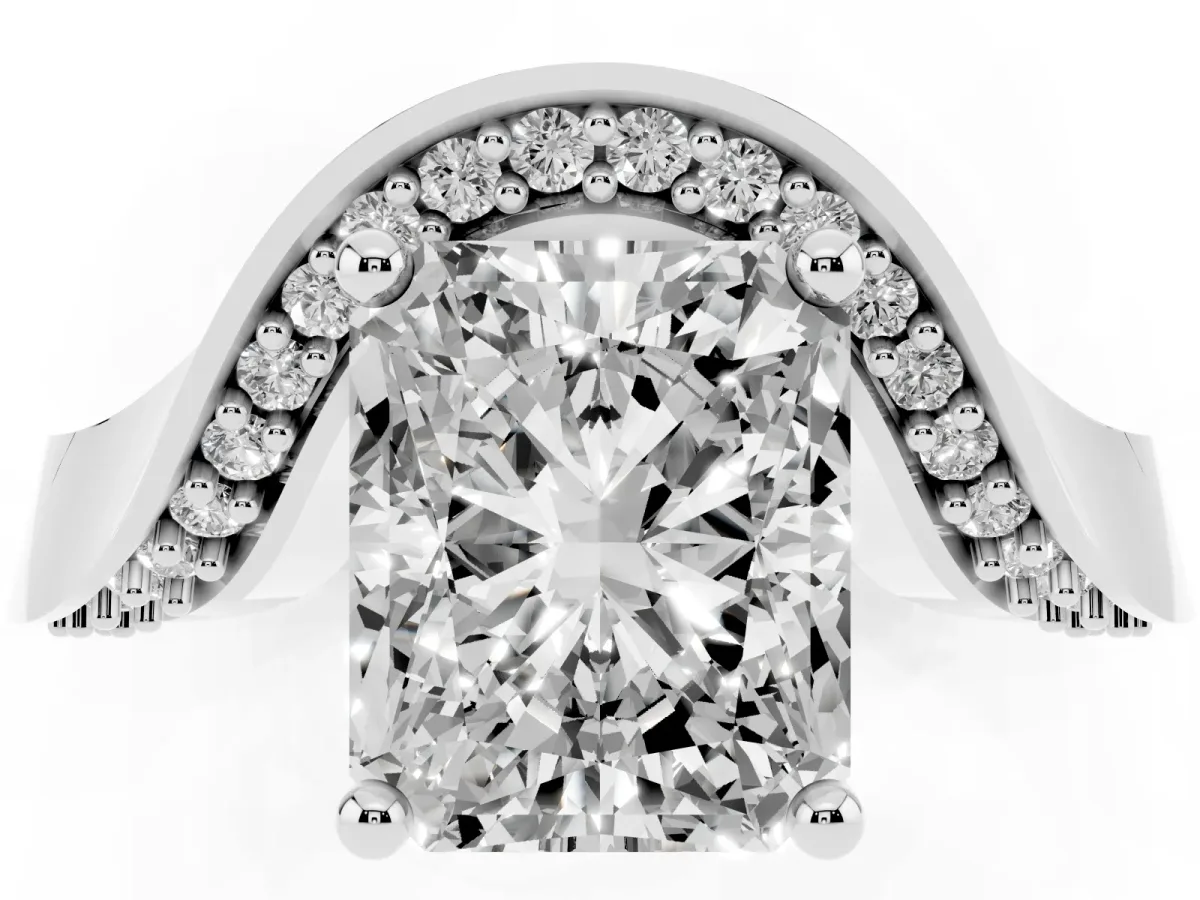 Radiant Cut Solitaire Diamond Engagement Ring with Pave Band and Four-Prong Setting Silver