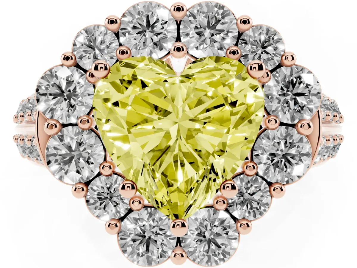 Fancy Yellow Heart Cut Halo Diamond Engagement Ring with Split Shank and Prong Setting Rose gold