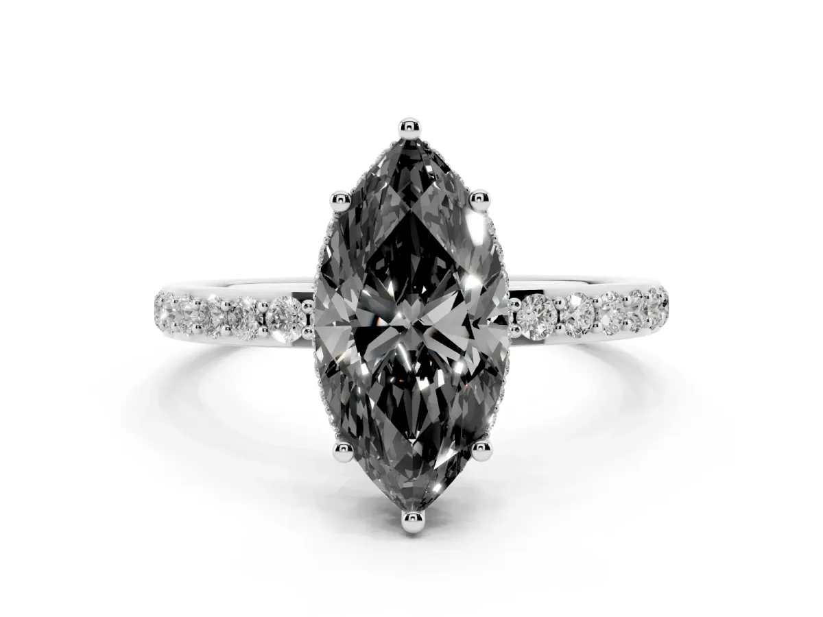 Fancy Black Marquise Cut Diamond Solitaire Ring with Pavé Band and Hidden Halo Silver