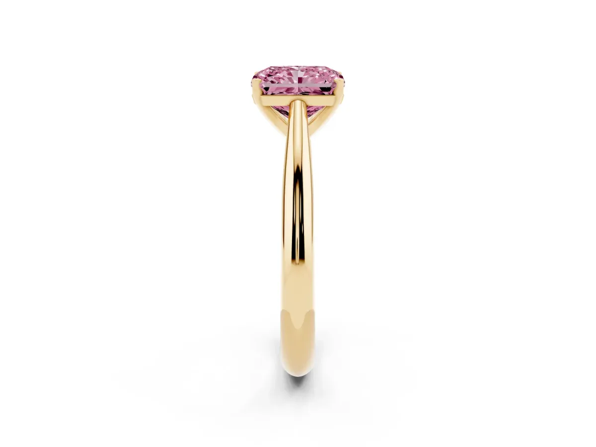 Fancy Pink Radiant Cut Diamond Solitaire Engagement Ring with Cathedral Setting and Four-Prong Mount Yellow gold