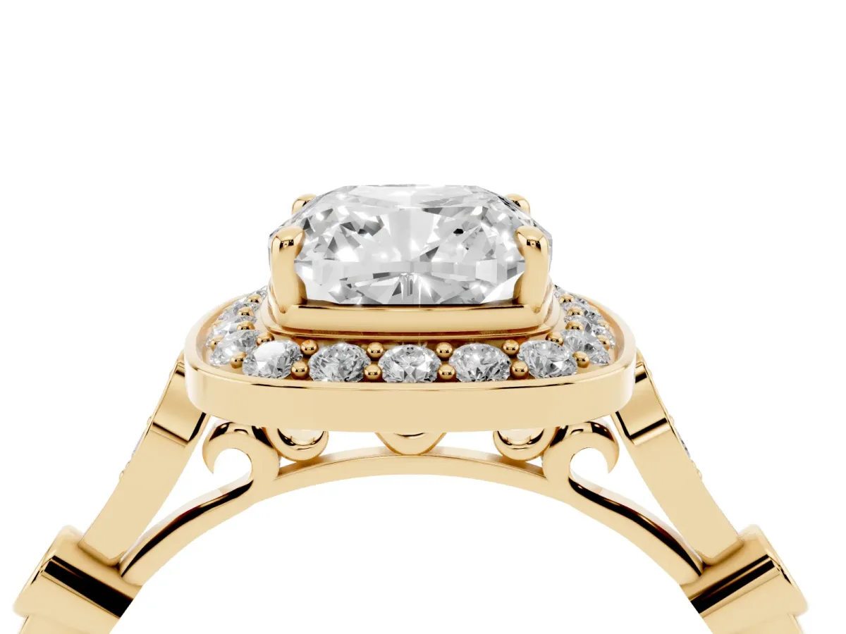 Cushion Cut Halo Diamond Engagement Ring with Twisted Band and Four-Prong Setting Yellow gold