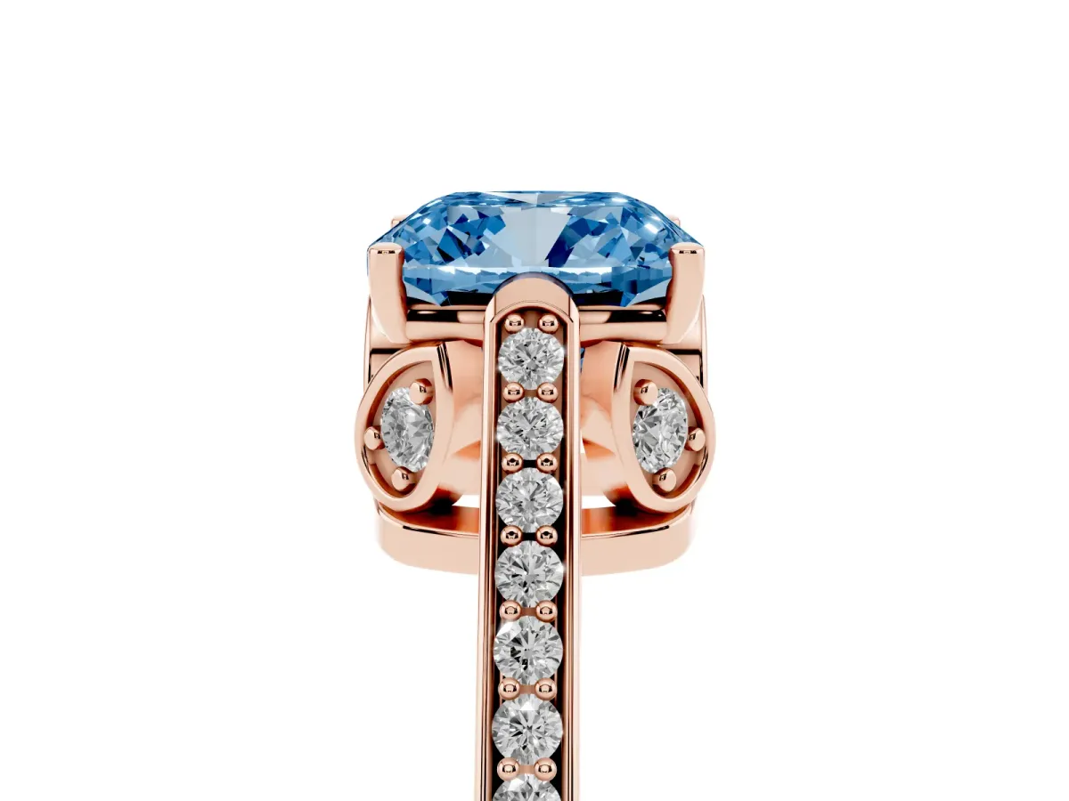 Fancy Blue Cushion Cut Cut Cathedral Pave Diamond Engagement Ring with Six-Prong Setting Rose gold