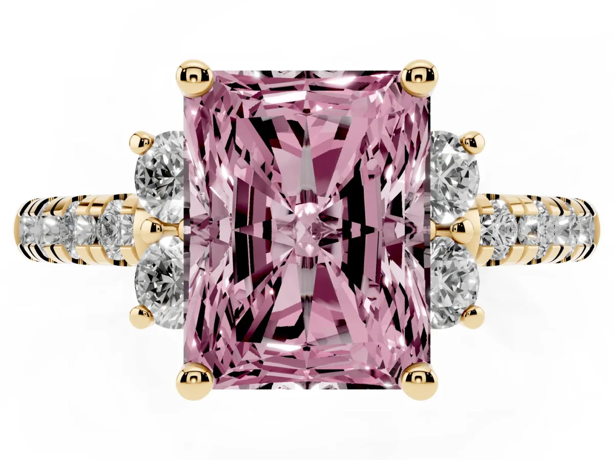 Fancy Pink Radiant Cut Diamond Three-Stone Pave Band with Four-Prong Setting Yellow gold