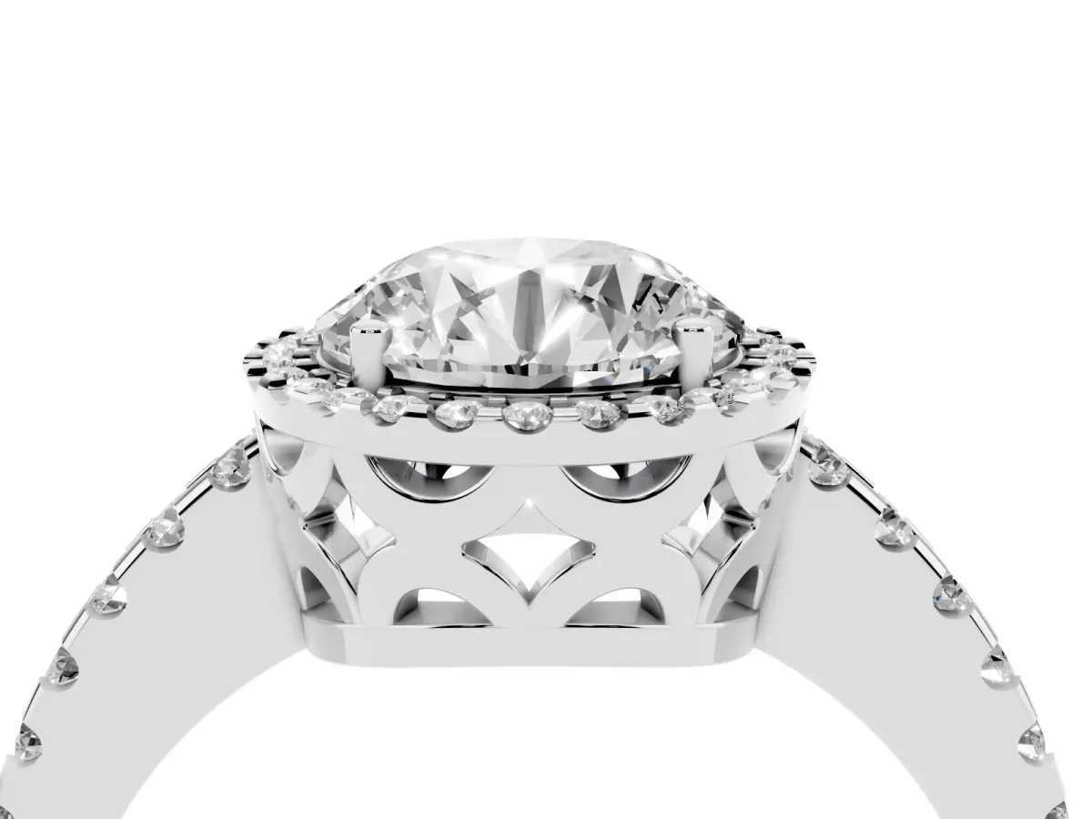 Round Cut Diamond Halo Engagement Ring with Pavé Band and Prong Setting Silver
