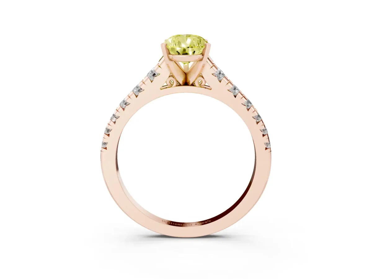 Fancy Yellow Pear Cut Diamond Cathedral Solitaire Ring with Round Pavé Band Rose gold