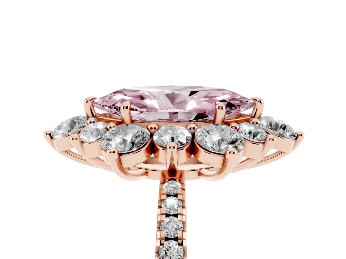 Fancy Pink Marquise Cut Diamond Floral Halo Ring with Round Pavé Band and Prong Setting Rose gold