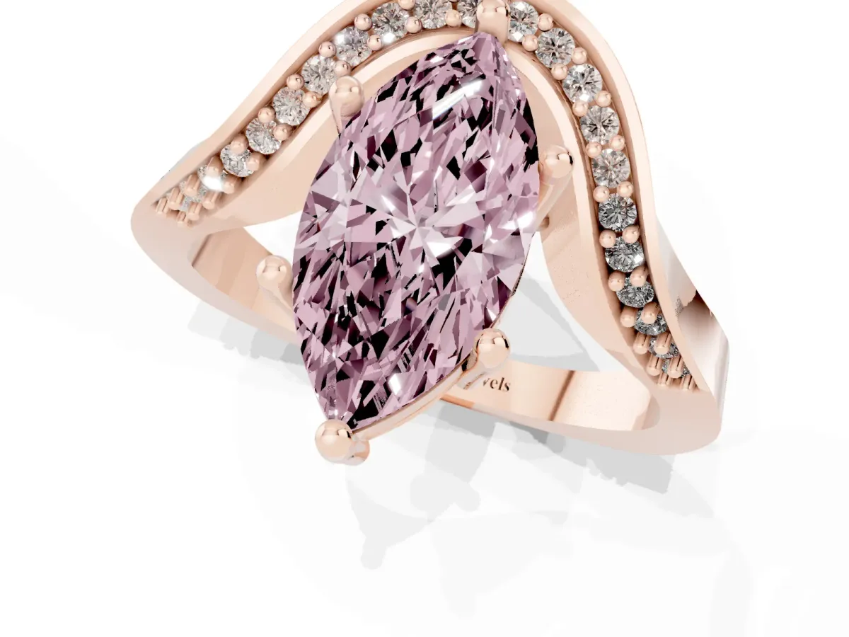 Fancy Pink Marquise Cut Solitaire Diamond Engagement Ring with Pave Band and Four-Prong Setting Rose gold