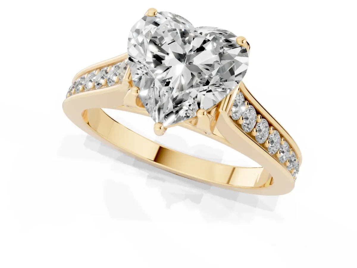 Heart Cut Brilliant Cut Diamond Engagement Ring with Pavé Band and Four-Prong Setting Yellow gold