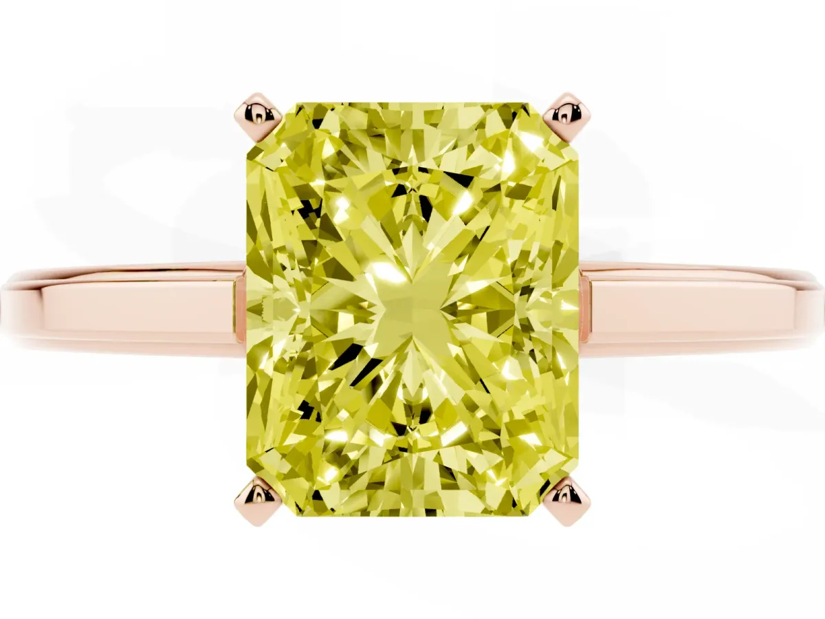 Fancy Yellow Radiant Cut Solitaire Diamond Ring with Four-Prong Setting and Classic Band Rose gold