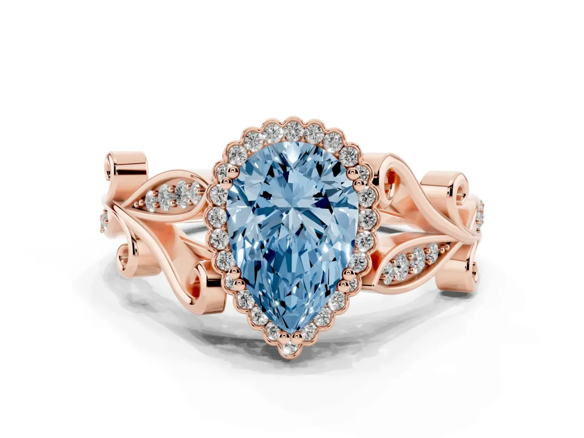 Fancy Blue Pear Cut Diamond Halo Ring with Vintage Split Shank and Four-Prong Setting Rose gold