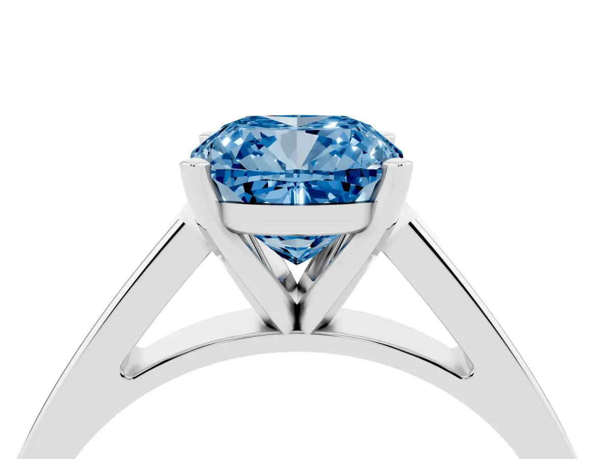Fancy Blue Cushion Cut Solitaire Engagement Ring with Four-Prong Setting and Tapered Band Silver