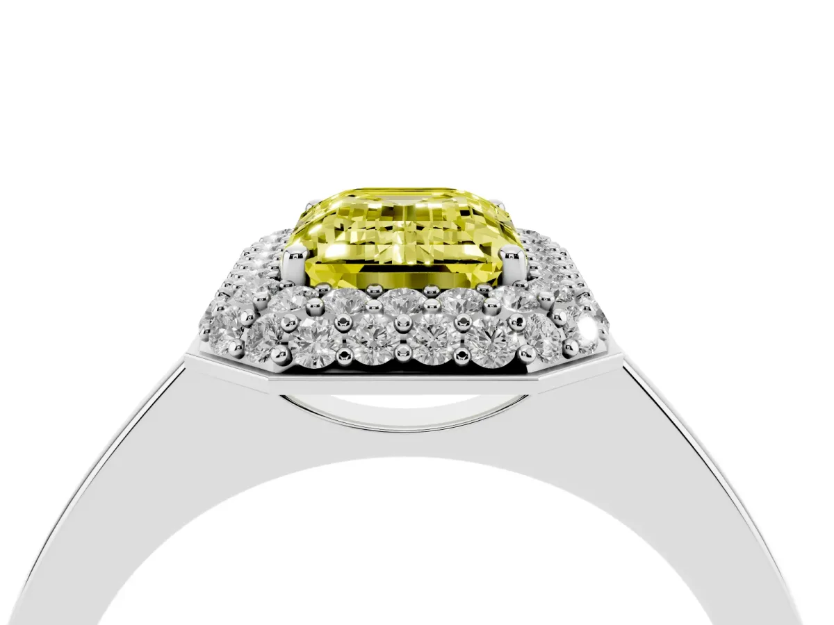 Fancy Yellow Emerald Cut Halo Diamond Engagement Ring with Solitaire Band and Four-Prong Setting Silver