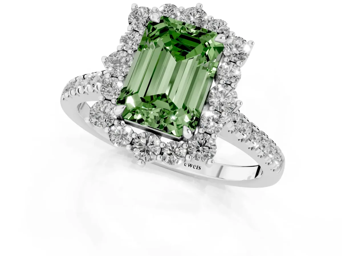 Fancy Green Emerald Cut Halo Diamond Ring with Pavé Band and Prong Setting Silver