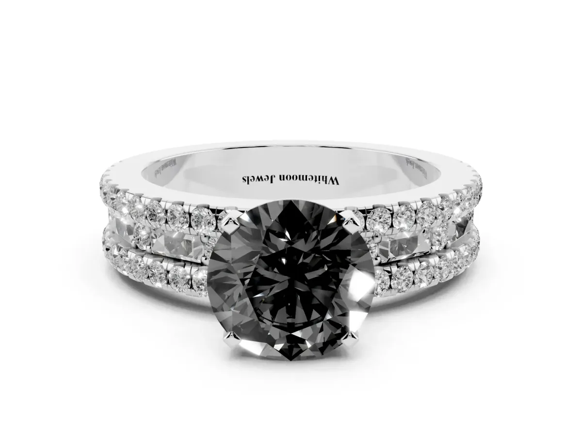 Fancy Black Round Cut Diamond Solitaire Ring with Pavé and Channel Set Band Silver
