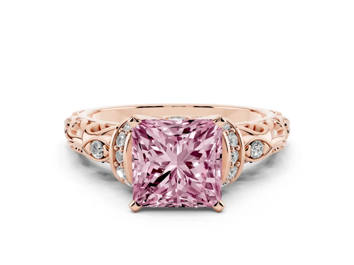 Fancy Pink Princess Cut Diamond Solitaire Ring with Filigree Band and Four-Prong Setting Rose gold