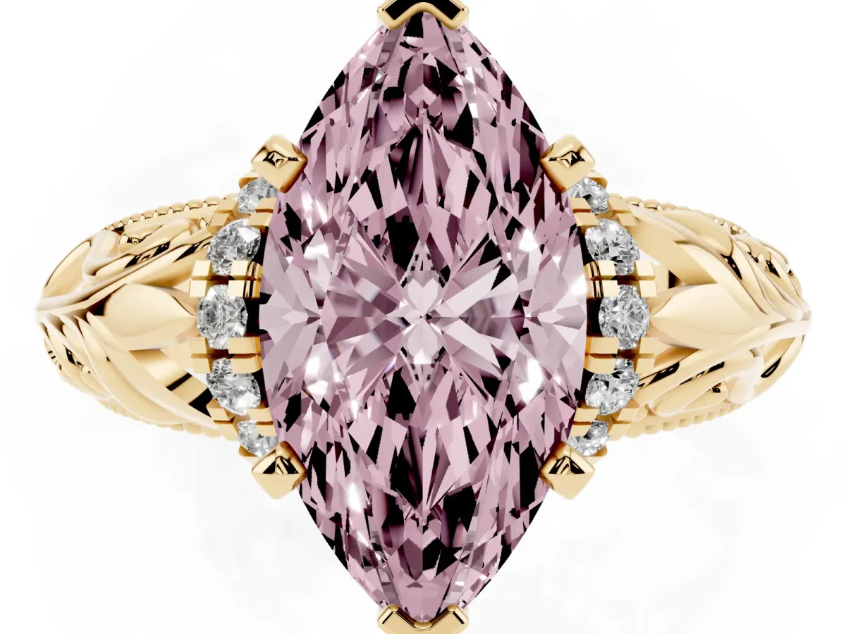 Fancy Pink Marquise Cut Solitaire Filigree Engagement Ring with Halo and Prong Setting Yellow gold
