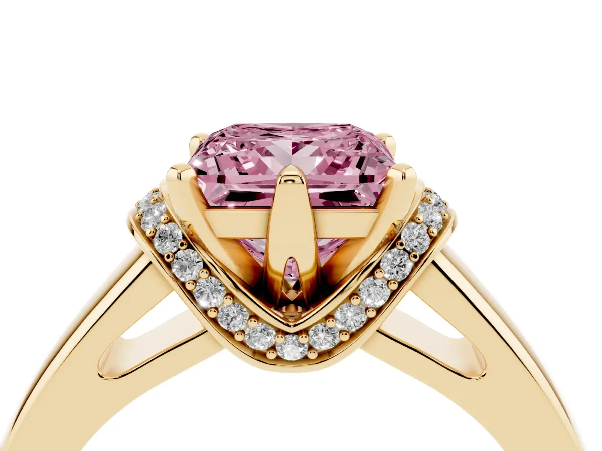 Fancy Pink Princess Cut Solitaire Diamond Ring with Pave Band and Six-Prong Setting Yellow gold