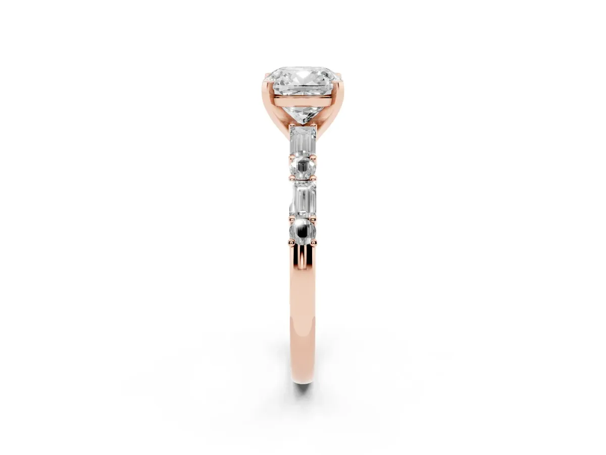 Cushion Cut Diamond Solitaire with Side Baguettes and Channel Set Band Rose gold