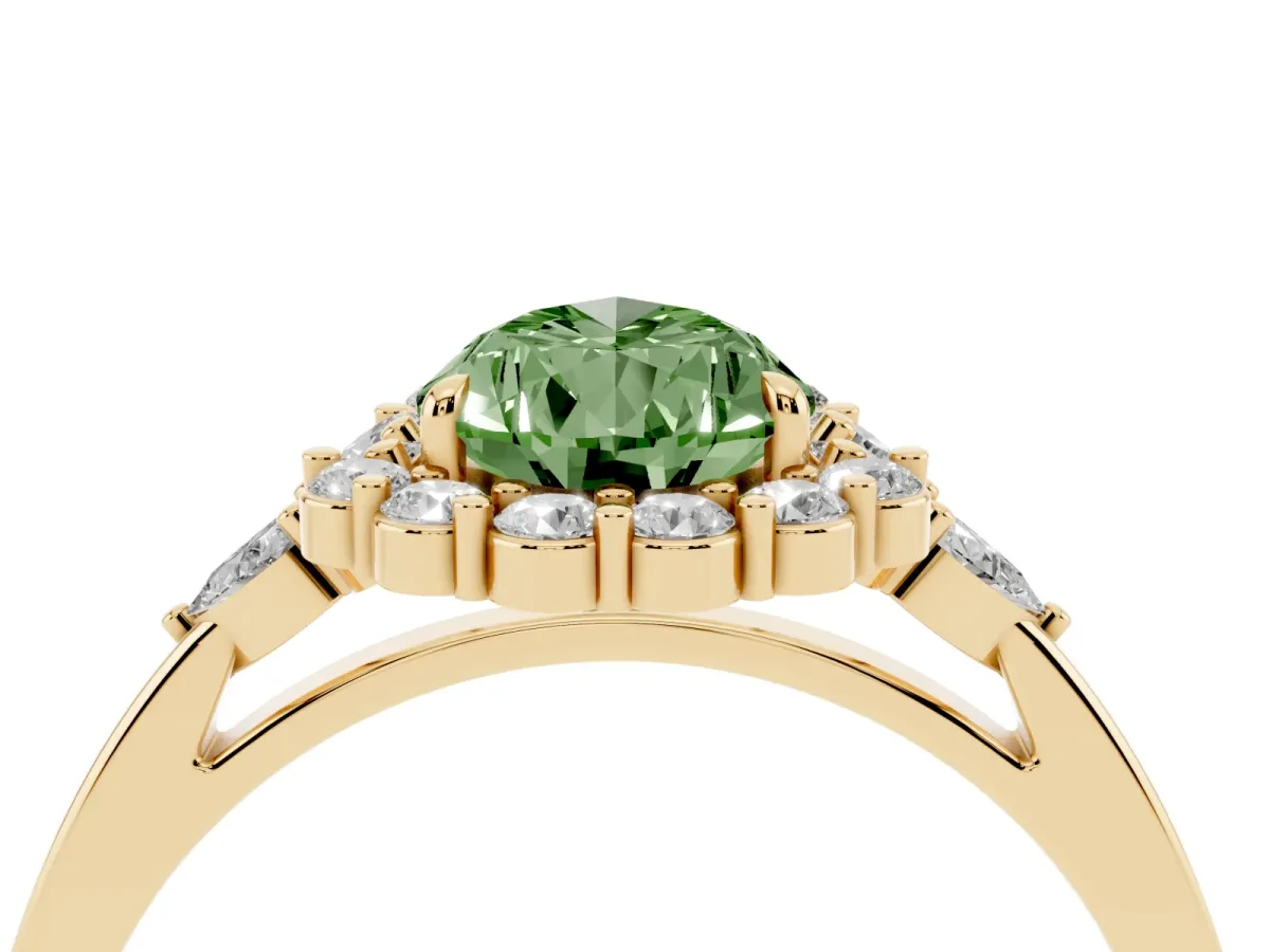 Fancy Green Pear Cut Diamond Halo Ring with Pear Side Stones and Prong Setting Yellow gold