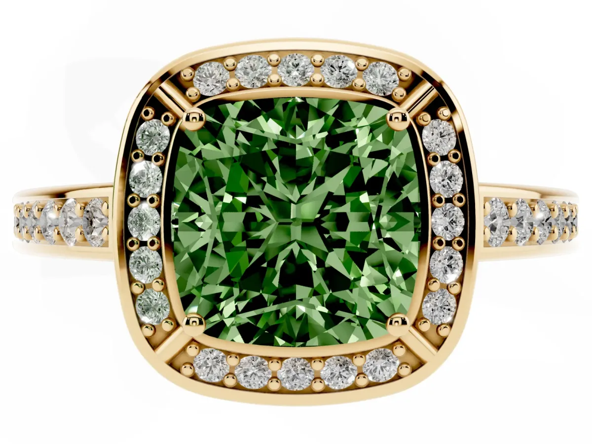 Fancy Green Cushion Cut Cut Halo Pave Split Shank Prong Setting Ring Yellow gold