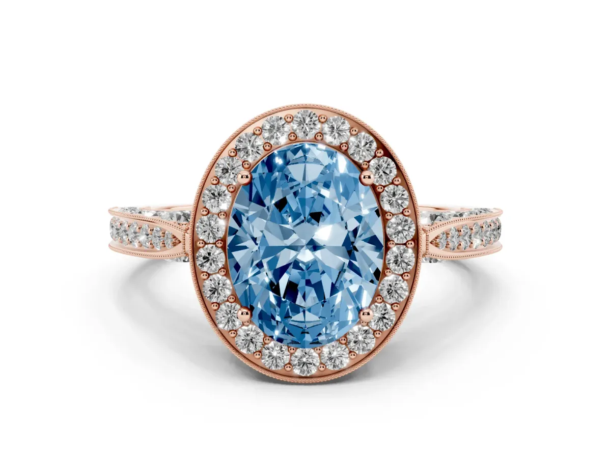 Fancy Blue Oval Cut Halo Diamond Engagement Ring with Split Shank Band and Four-Prong Setting Rose gold