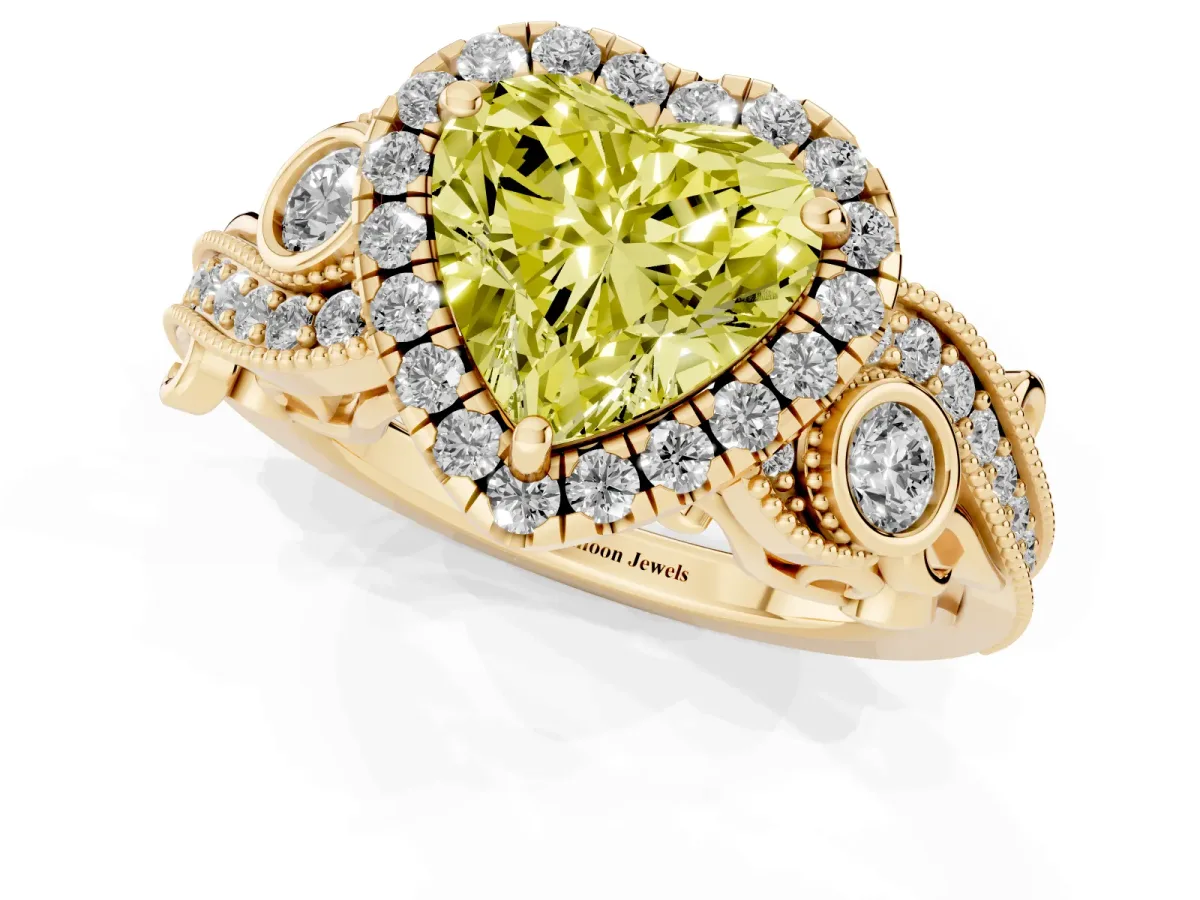 Fancy Yellow Heart Cut Diamond Halo Ring with Milgrain Pavé Band and Four-Prong Setting Yellow gold