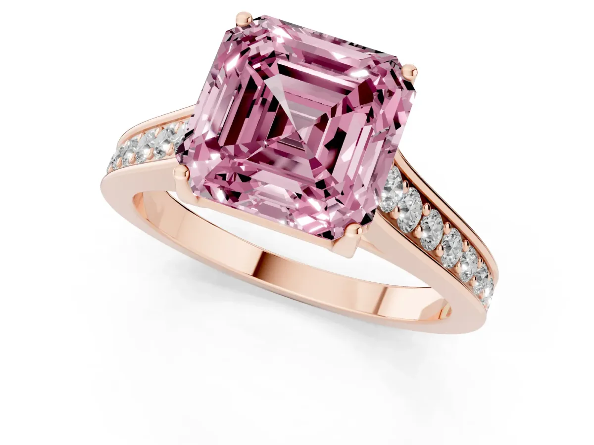 Fancy Pink Asscher Cut Brilliant Cut Diamond Engagement Ring with Pavé Band and Four-Prong Setting Rose gold