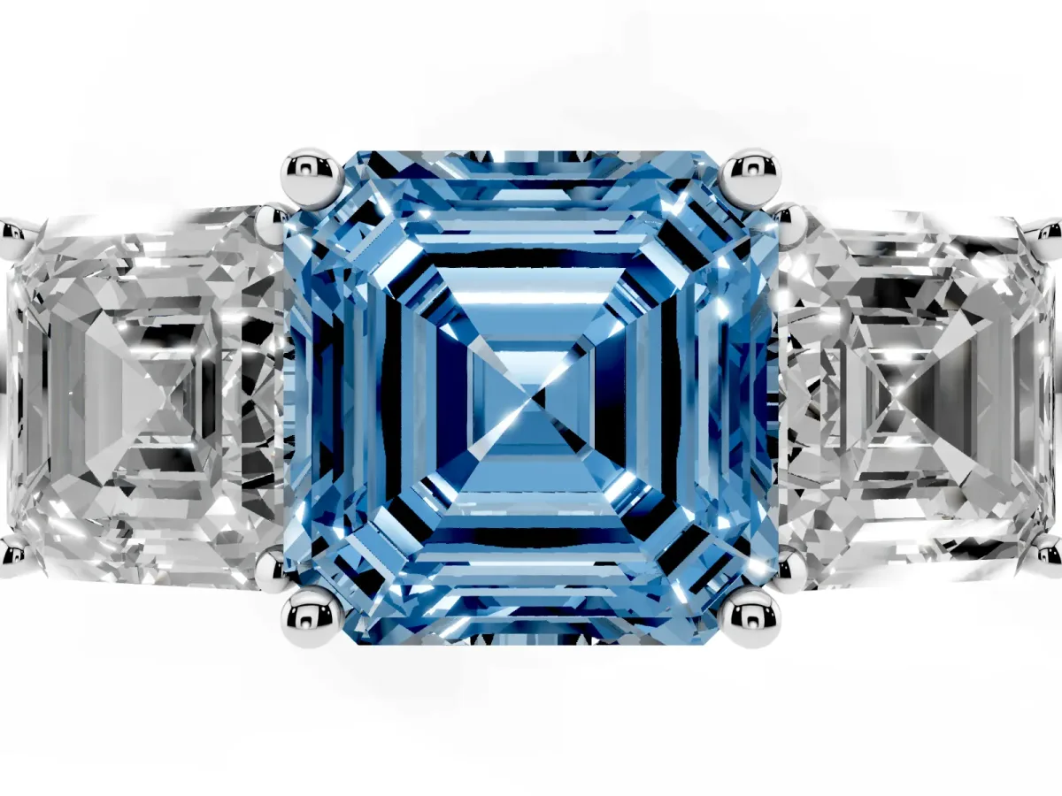 Fancy Blue Three-Stone Asscher Cut Cut Diamond Engagement Ring with Prong Setting on a White Gold Band White gold