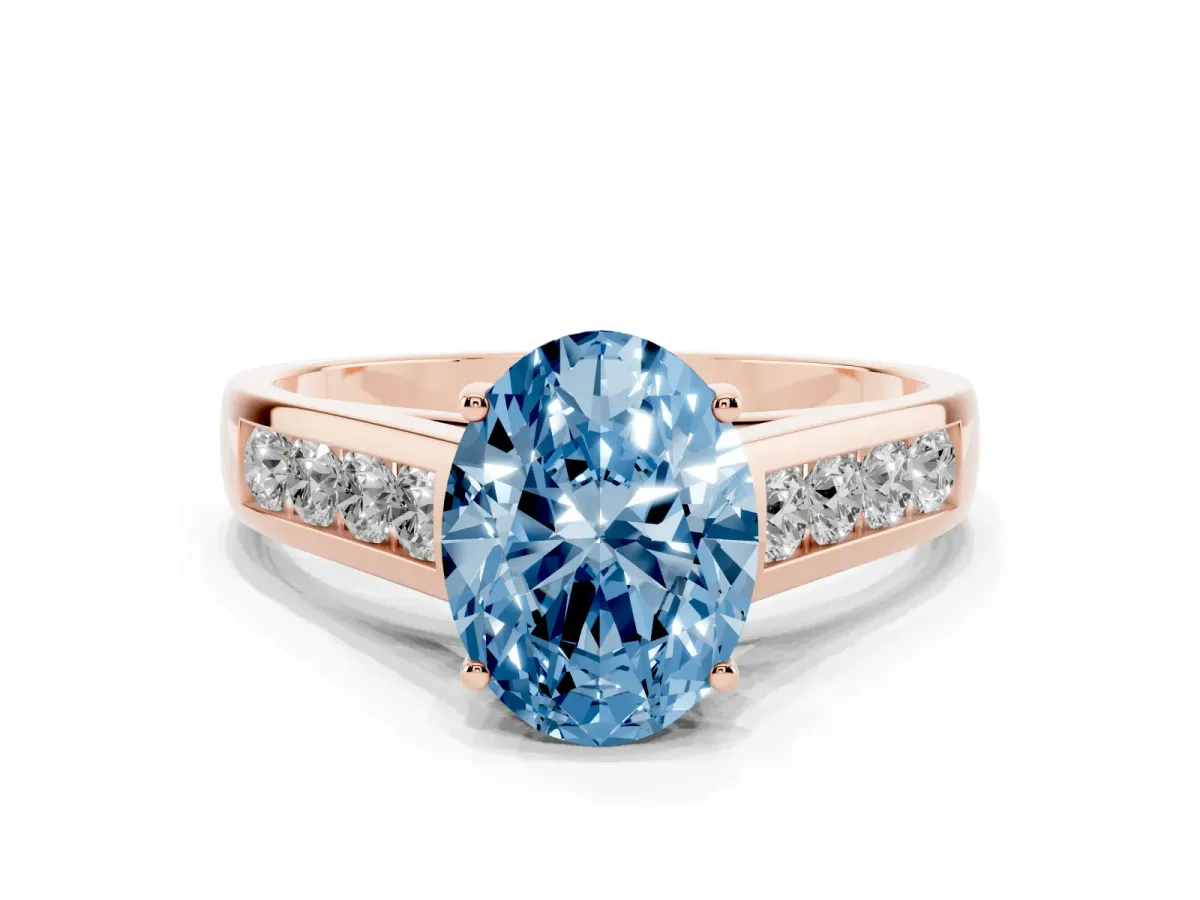 Fancy Blue Oval Cut Brilliant Channel-Set Solitaire Ring with Four-Prong Setting Rose gold
