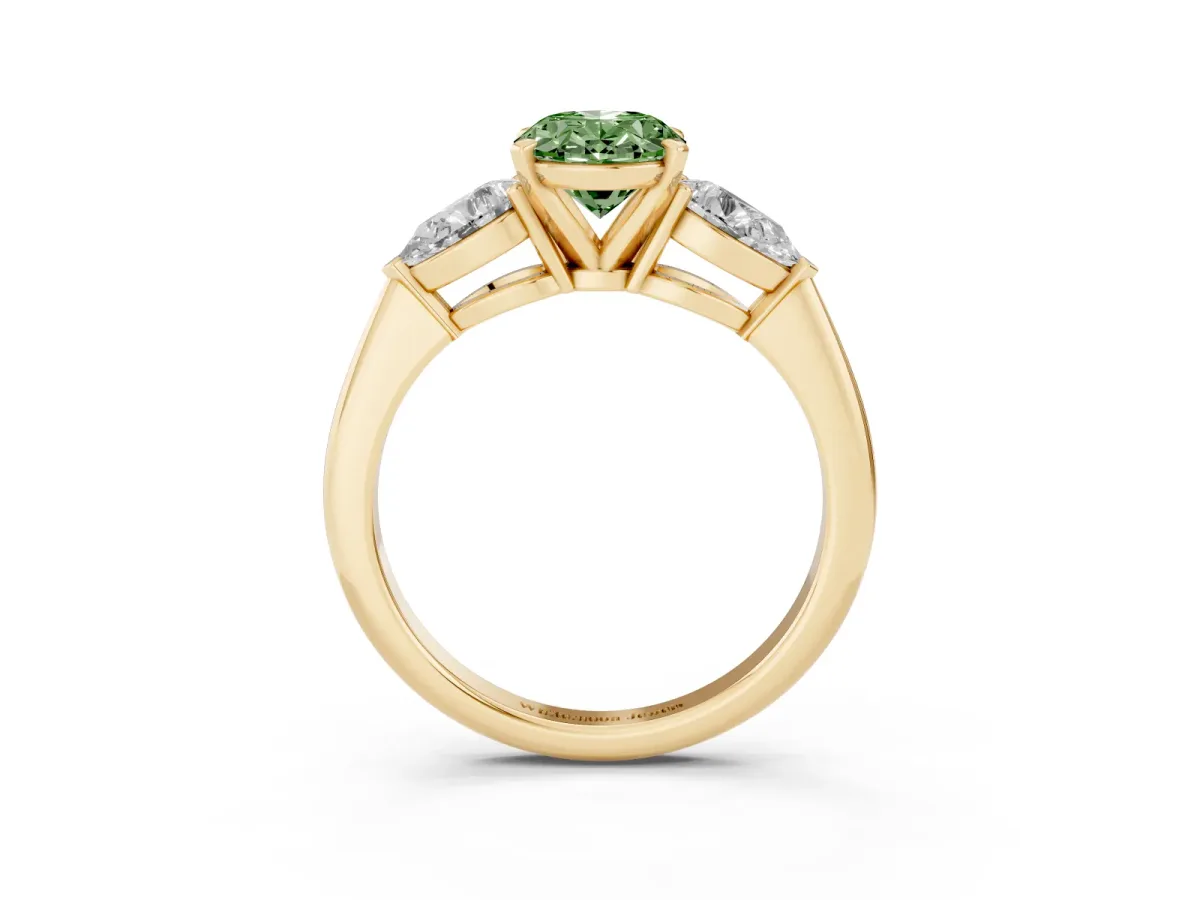 Fancy Green Three-Stone Oval Cut Diamond Ring with Pear Side Stones and Four-Prong Setting Yellow gold