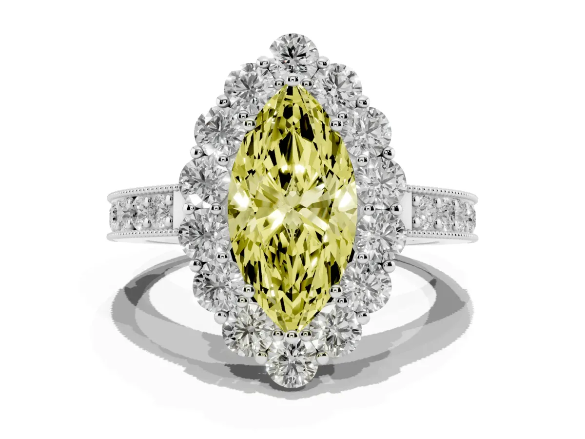 Fancy Yellow Marquise Cut Cut Halo Diamond Pavé Engagement Ring with Milgrain Detailing White gold