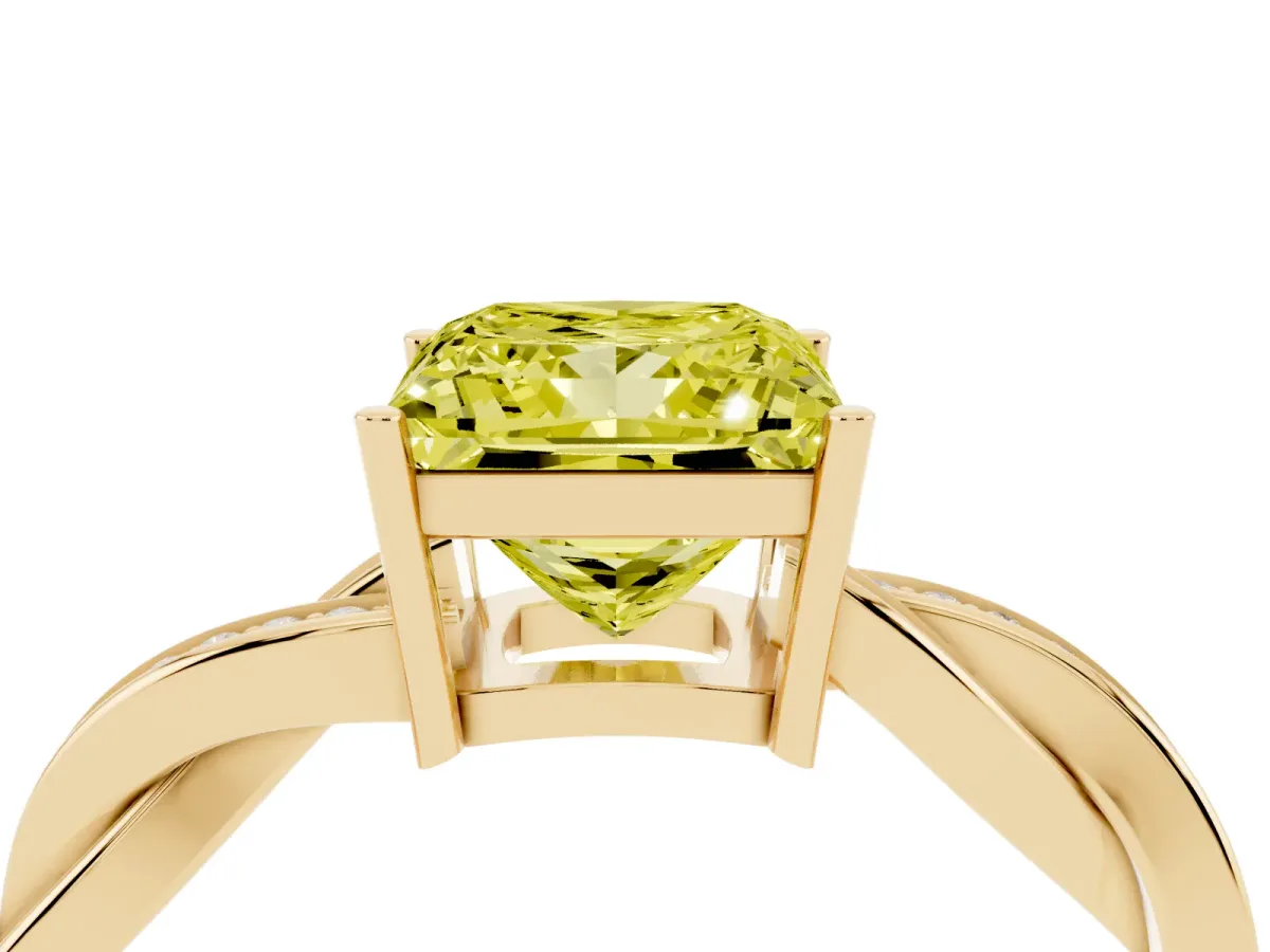 Fancy Yellow Princess Cut Solitaire Twisted Pave Diamond Ring with Four-Prong Setting Yellow gold