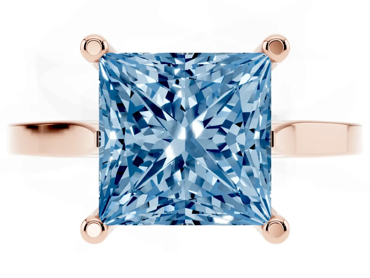 Fancy Blue Princess Cut Solitaire Diamond Ring with Four-Prong Setting and Tapered Band Rose gold