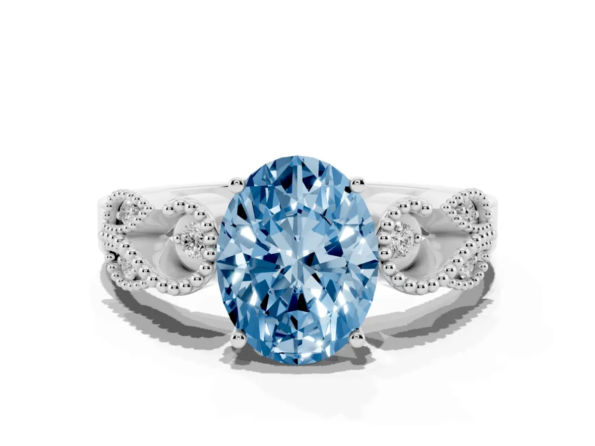 Fancy Blue Oval Cut Solitaire Milgrain Leaf Band with Prong Setting Silver