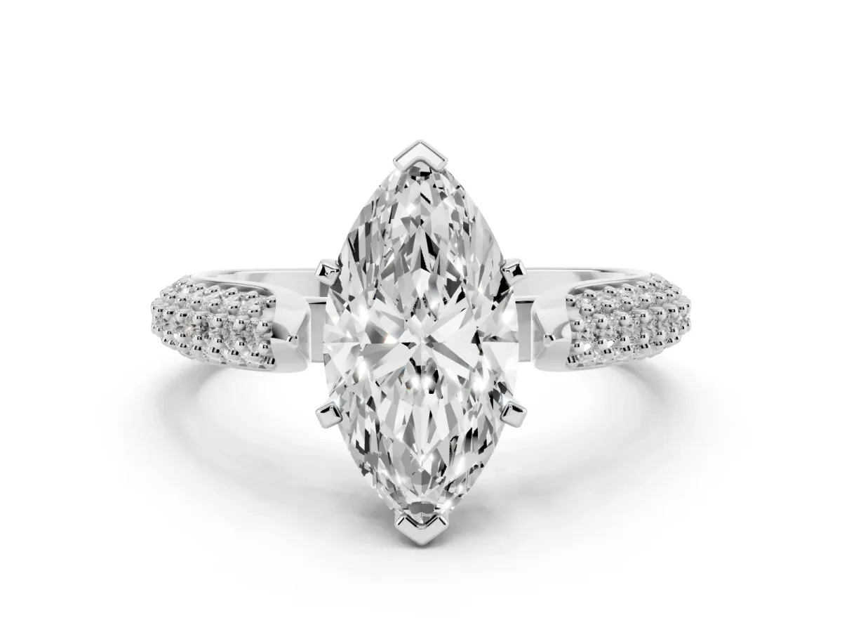 Marquise Cut Diamond Solitaire Engagement Ring with Multi-Row Round Pavé Band and Prong Setting Silver