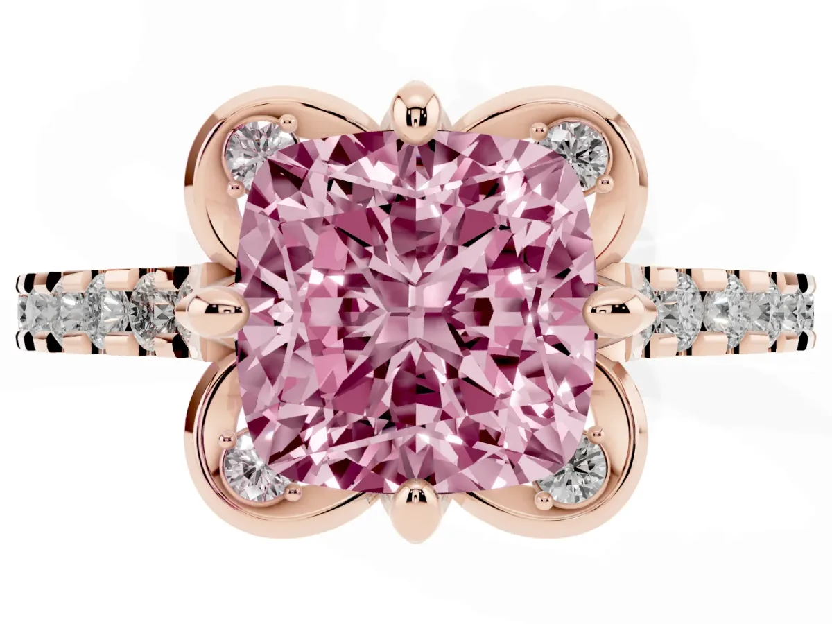 Fancy Pink Cushion Cut Diamond Ring with Pavé Band and Floral Prong Setting Rose gold