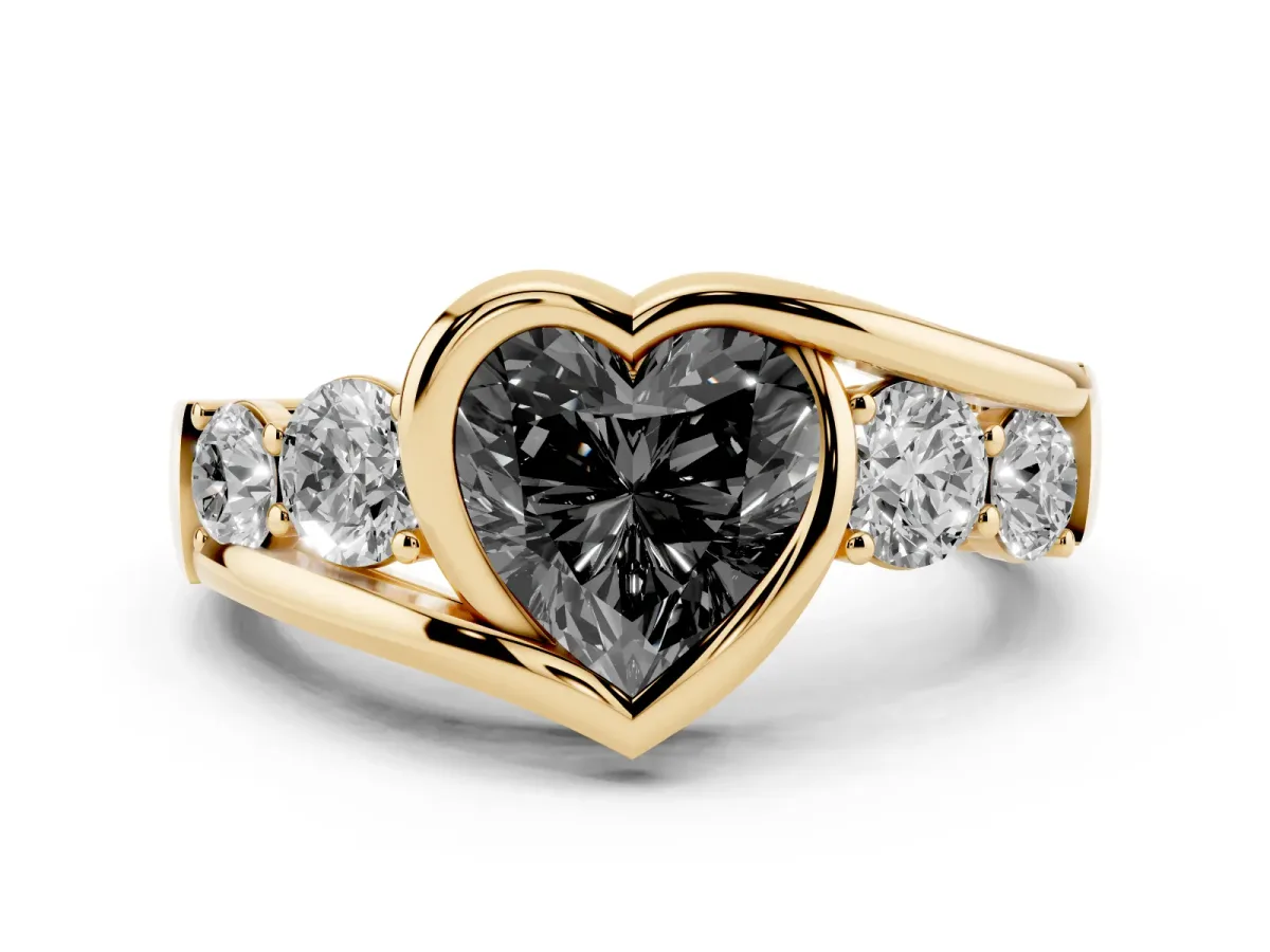 Fancy Black Bezel Set Heart Cut Diamond Bypass Ring with Round Accents Yellow gold