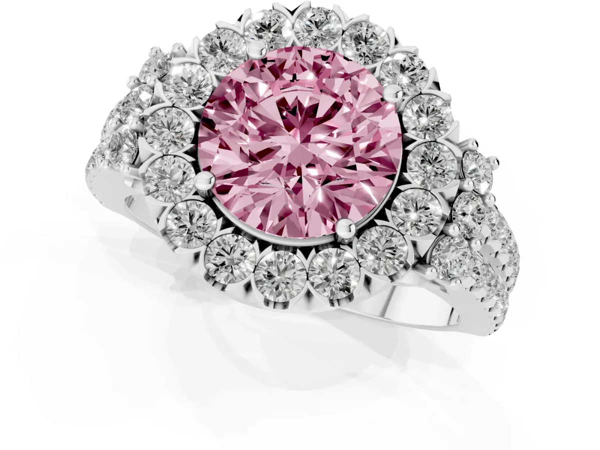 Fancy Pink Round Cut Cut Double Halo Diamond Engagement Ring with Pave Band and Four-Prong Setting Platinum