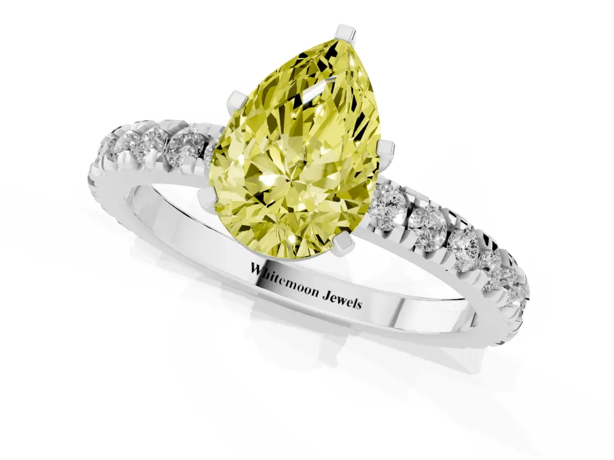Fancy Yellow Pear Cut Diamond Pavé Band Solitaire with Four-Prong Setting Platinum