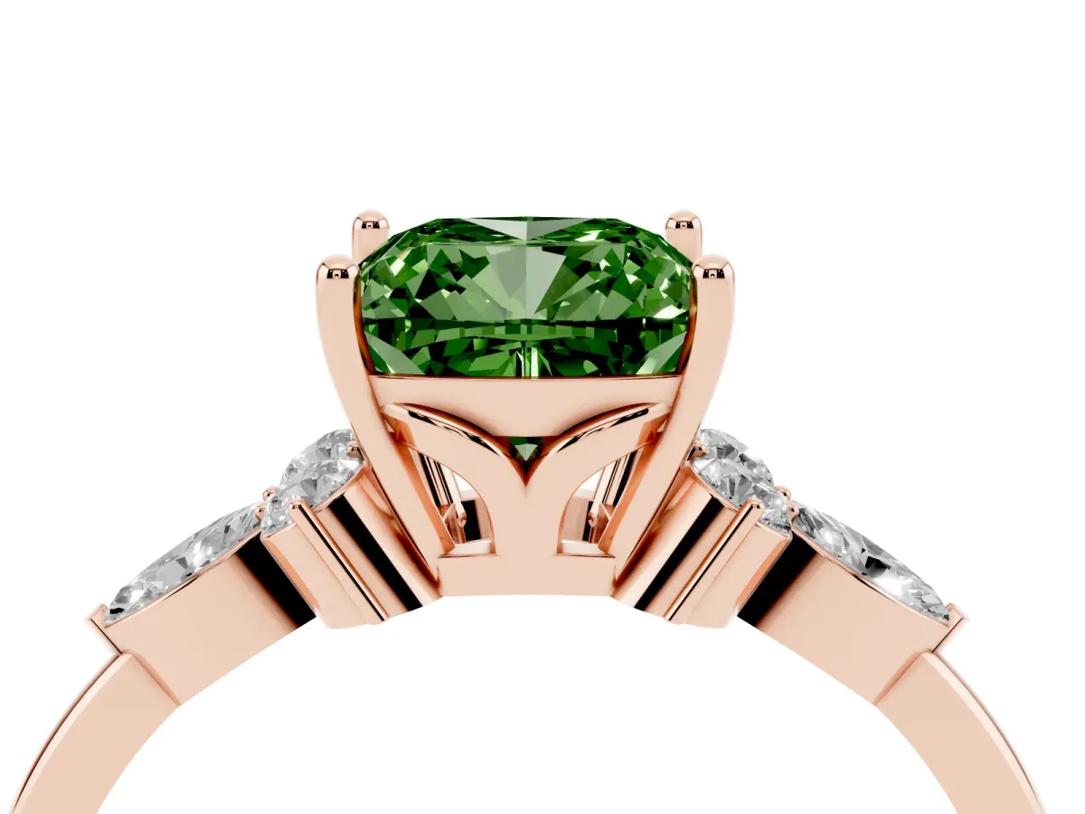 Fancy Green Cushion Cut Brilliant Diamond Solitaire Ring with Pear Side Stones and Four-Prong Setting Rose gold