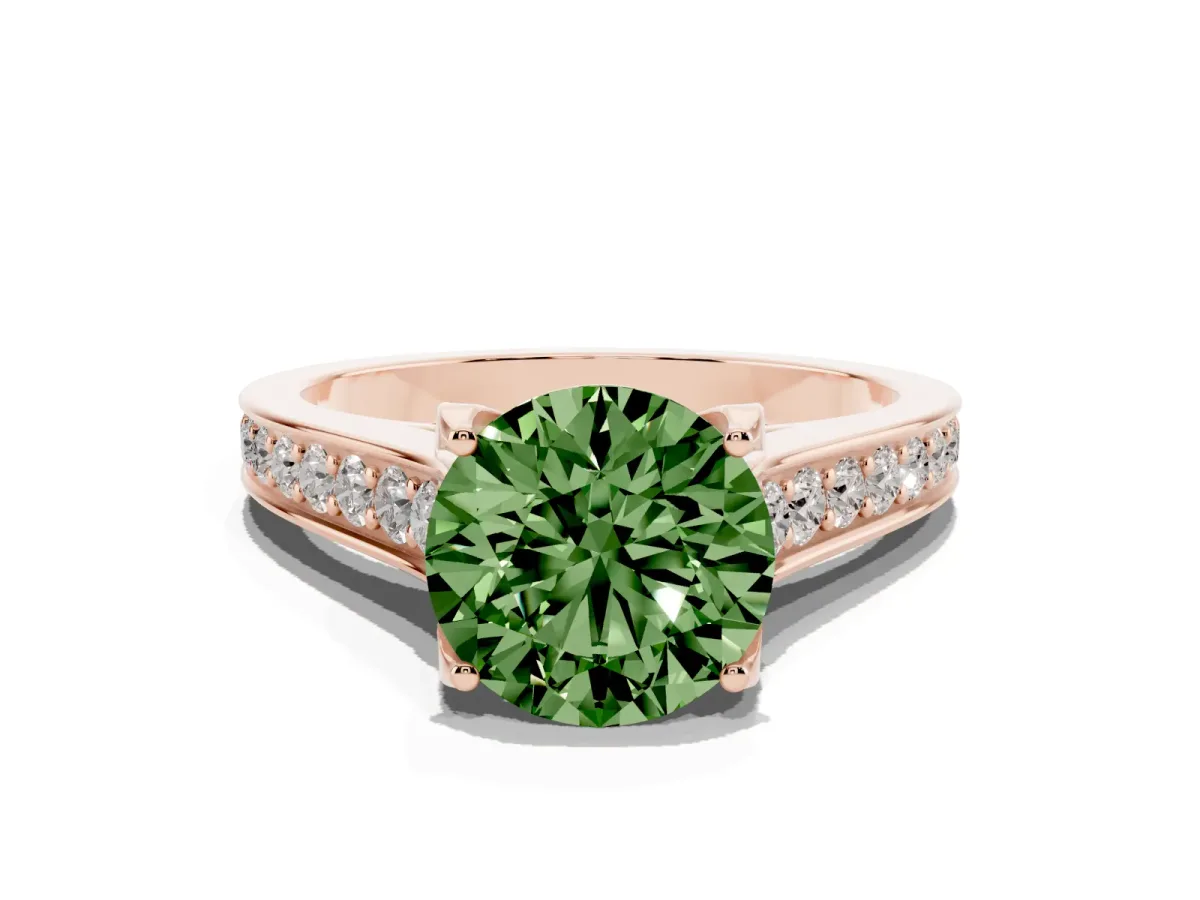 Fancy Green Round Cut Brilliant Cut Diamond Engagement Ring with Pavé Band and Four-Prong Setting Rose gold
