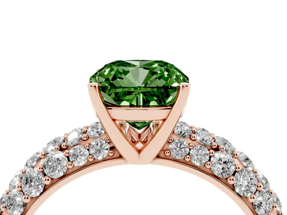 Fancy Green Cushion Cut Diamond Pavé Band Solitaire Ring with Four-Prong Setting Rose gold