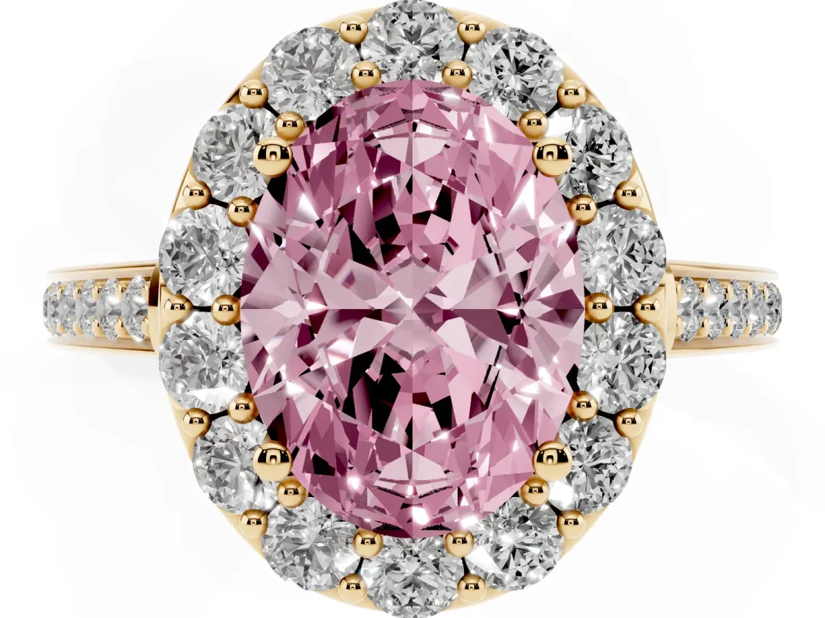 Fancy Pink Oval Cut Diamond Floral Halo Ring with Pavé Band and Prong Setting Yellow gold