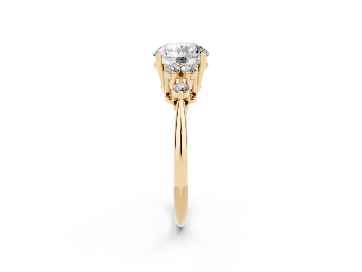 Round Cut Cut Diamond Cluster Ring with Solitaire Band and Four-Prong Setting Yellow gold