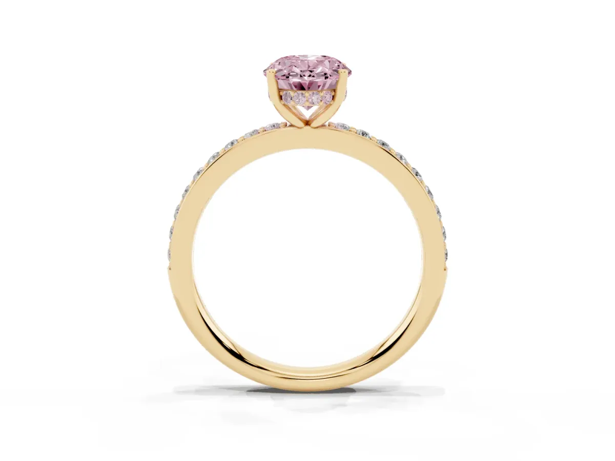 Fancy Pink Oval Cut Cut Diamond Pavé Band Ring with Four-Prong Setting Yellow gold