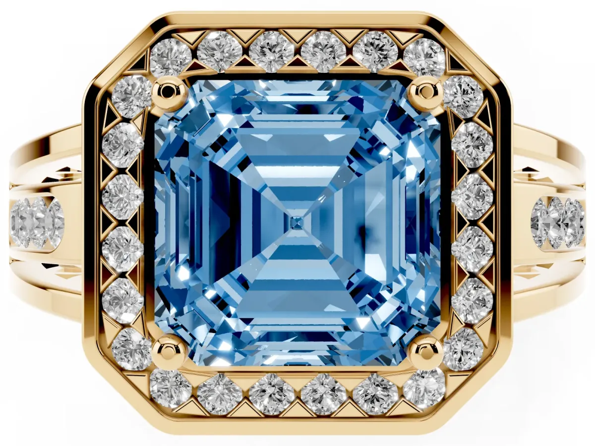 Fancy Blue Asscher Cut Diamond Halo Ring with Split Shank and Bezel Accents and Prong Setting Yellow gold