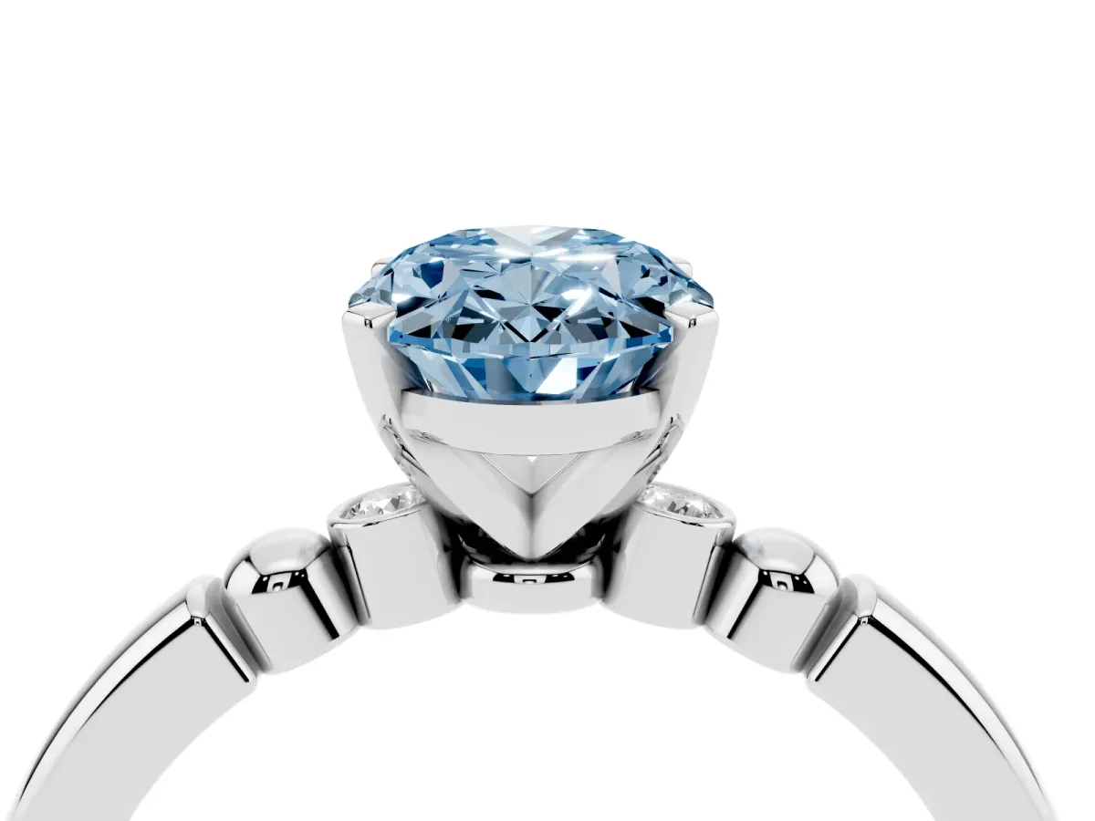 Fancy Blue Oval Cut Solitaire Beaded Band with Four-Prong Setting White gold